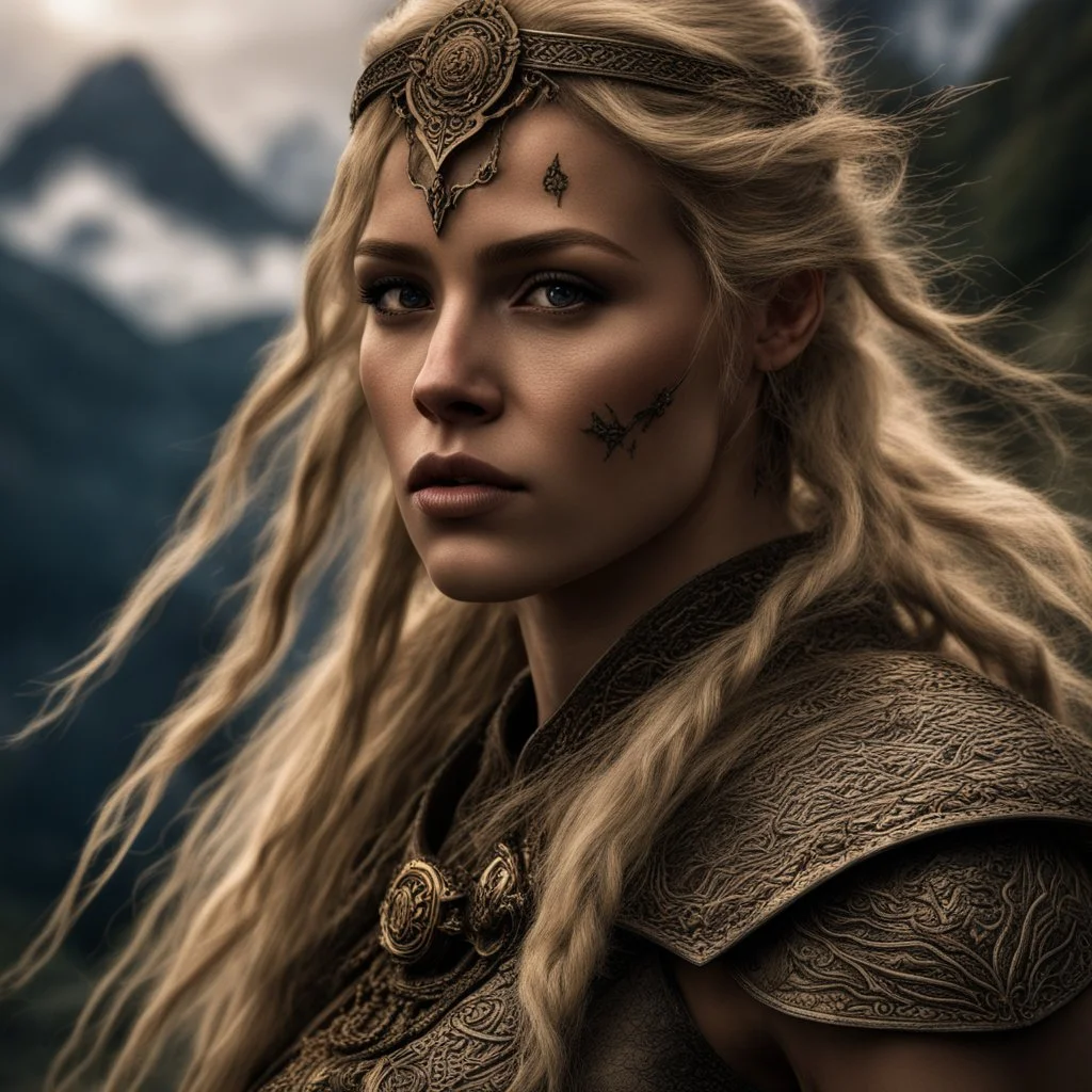 Behold the powerful alluring and pretty blonde barabarian warrior woman, her body adorned with with runes, in the middle of the alps. intricate details, HDR, beautifully shot, hyperrealistic, sharp focus, 64 megapixels, perfect composition, high contrast, cinematic, atmospheric, moody