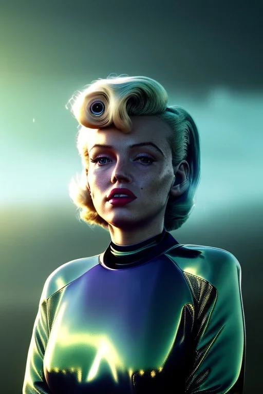 Ultra Realistic retro sci-fi scene, portrait, blonde woman, sweet young Marilyn Monroe face, perfect iris, tight latex coat, Strange planet background, Retro sci-fi style helmet, fog, rain, soft color, highly detailed, unreal engine 5, ray tracing, RTX, lumen lighting, ultra detail, volumetric lighting, 3d, finely drawn, high definition, high resolution.