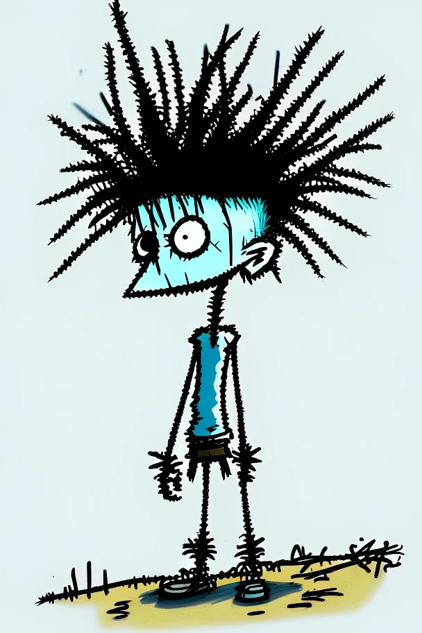 2d drawing of a stickman, cool with punk hair, x eyes like in hangman, standing, back view, slightly bended over and looking back into the camera, smiling,close-up ,3d realistic in colour