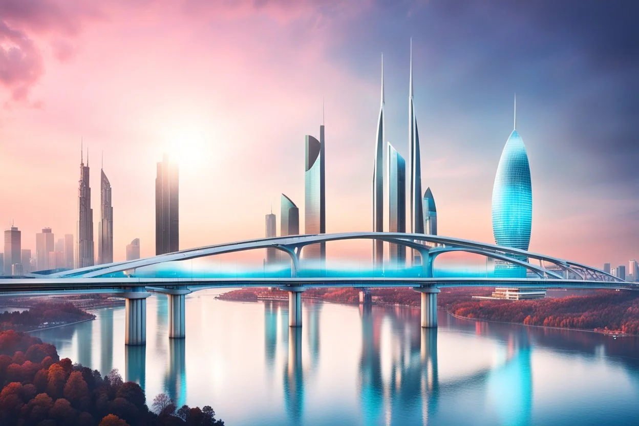 Dreamlike Skyline of Downtown futuristic hightech city in 4050 and a stunning futuristic Bridge During with dark grey clouds in sky, over the azur-silver color river, cold colors, come storm, high detalied, sci-fi, landscape