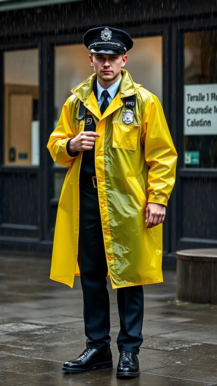 vintage retro nypd full body color policeman wtih heavy yellow rain transparent coat