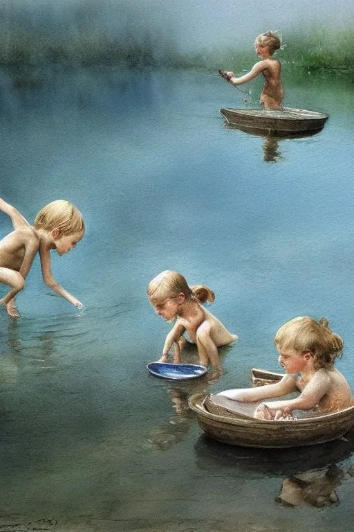 four kids SWIMMING AND PLAYING on beautiful lake . one of them cooking fish and the other three playing on a by Jean-Baptiste Monge, highly detailed, lighting, very attractive, beautiful, high detail, award winning, hyper-realistic, high definition, crisp quality, watercolor highly detailed Award winning photography photorealistic