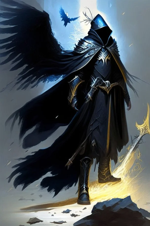 A commander with a black cloak and a long coat with long combat boots and a long spear with his Helmet is golden under his cloak like assasins With a magical power in his hand and a white anklet and boots With blue flame eyes,It has two black wings on its back,Standing on top of a rock