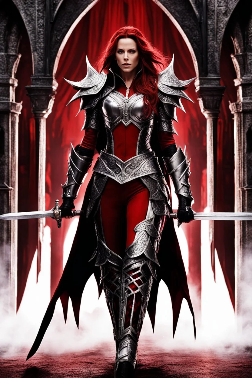 Close up Gorgeous photograph Silver and red fantasy Beautiful Kate Beckinsale as an Queen Vampire armour, with a red cape, with black and red spikes coming out the back and arms, glowing red eyes, long red hair pony tail coming out,at castle