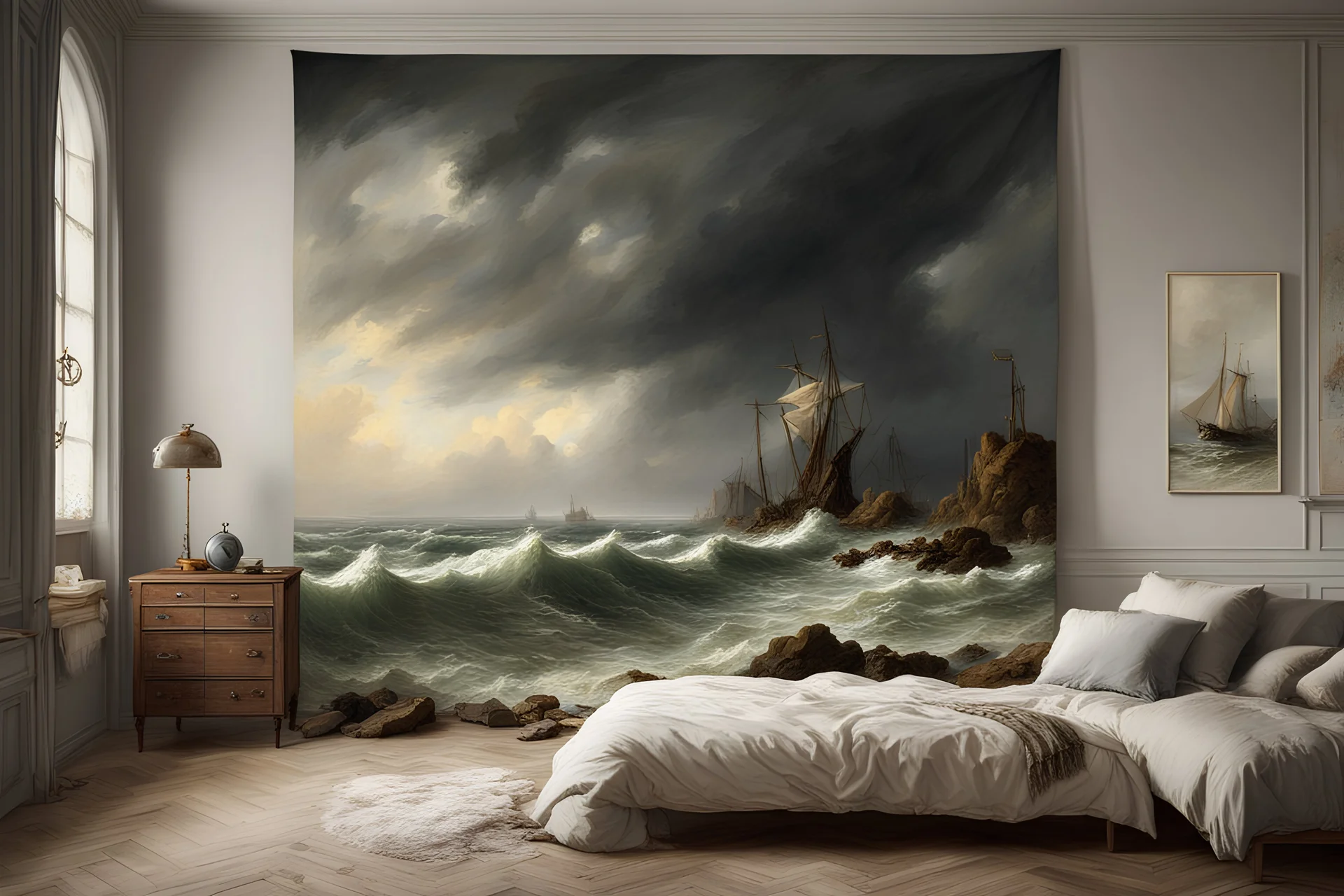 Andreas Achenbach HD tufting tapestry trompe-oil stormy sea shores islands, in empty room