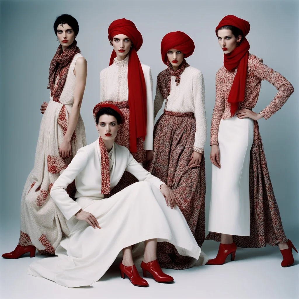 A fashion photography of a group wearing traditional Middle Eastern , in a white studio with a red scarf around the head and a long skirt, posing for Vogue magazine in the style of James Bidgood photographed in the style of Tim Walker. --ar 101:128 --v 6. 0