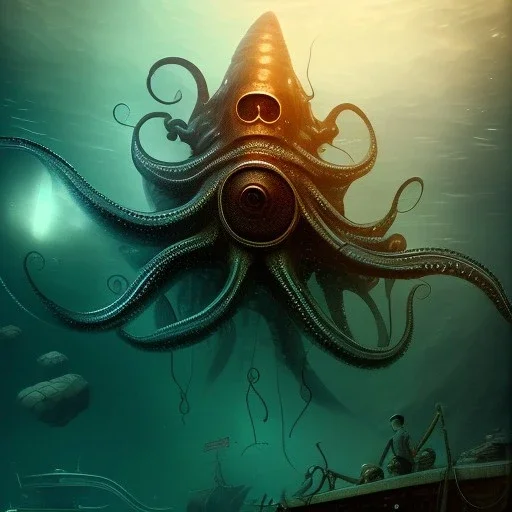 big shiny squid, closeup on pirate ghosts, sunken shipwreck, water, reflection, movie poster, fantasy art, misty