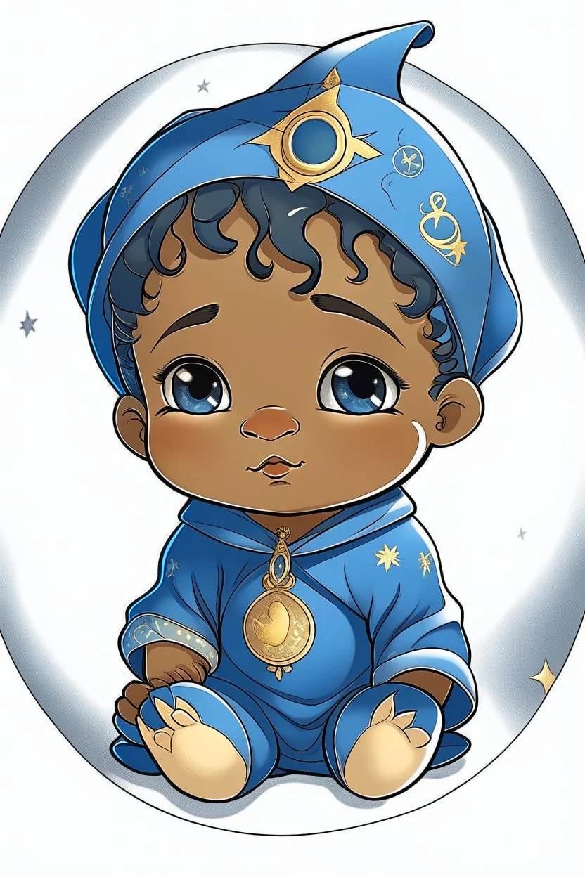 an anime style drawing of a black and asian baby boy. hes wearing blue medieval royal baby onesie. he is sun and moon themed. he is adorable and he has freckles.