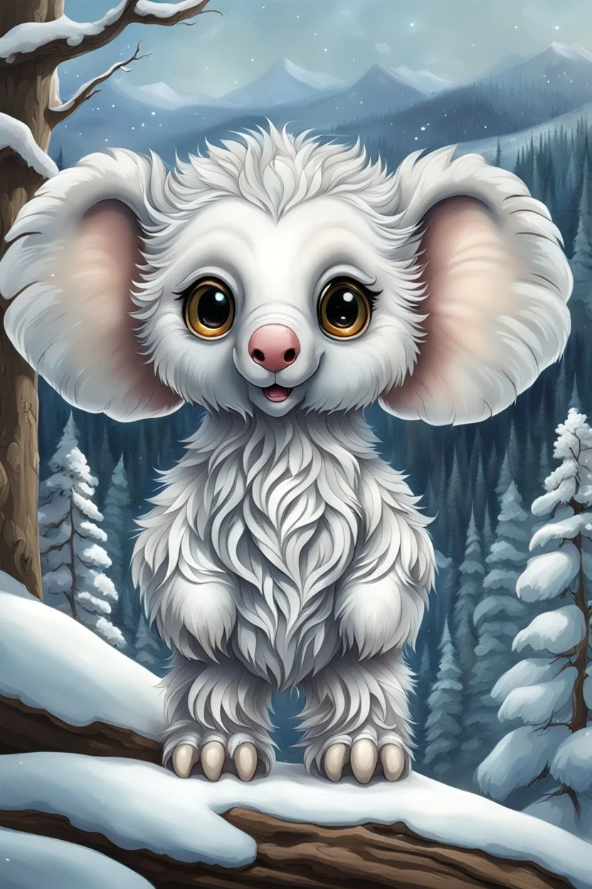 A cute looking, soft fluffy white furred, medium height mutant cat-elephant-bear mammal with a snout-like long snout, big eyes, big tassel ears, a chibi fantasy creature. Tundra forest , snow in the background. sharp focus, intricate details, masterpiece