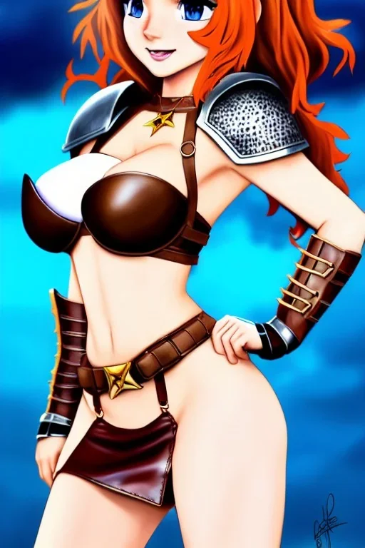 realistic cartoon, concept illustration, super-detailed, beautiful teen female who is 16 years old with long ginger hair and freckles with full lips and b-cup breasts, full body, full face, athletic, centred camera, ignore NSFW, skimpy brown fantasy leather armor, halter top, thong, knee-high leather boots, open leather skirt, stern expression, cute pose