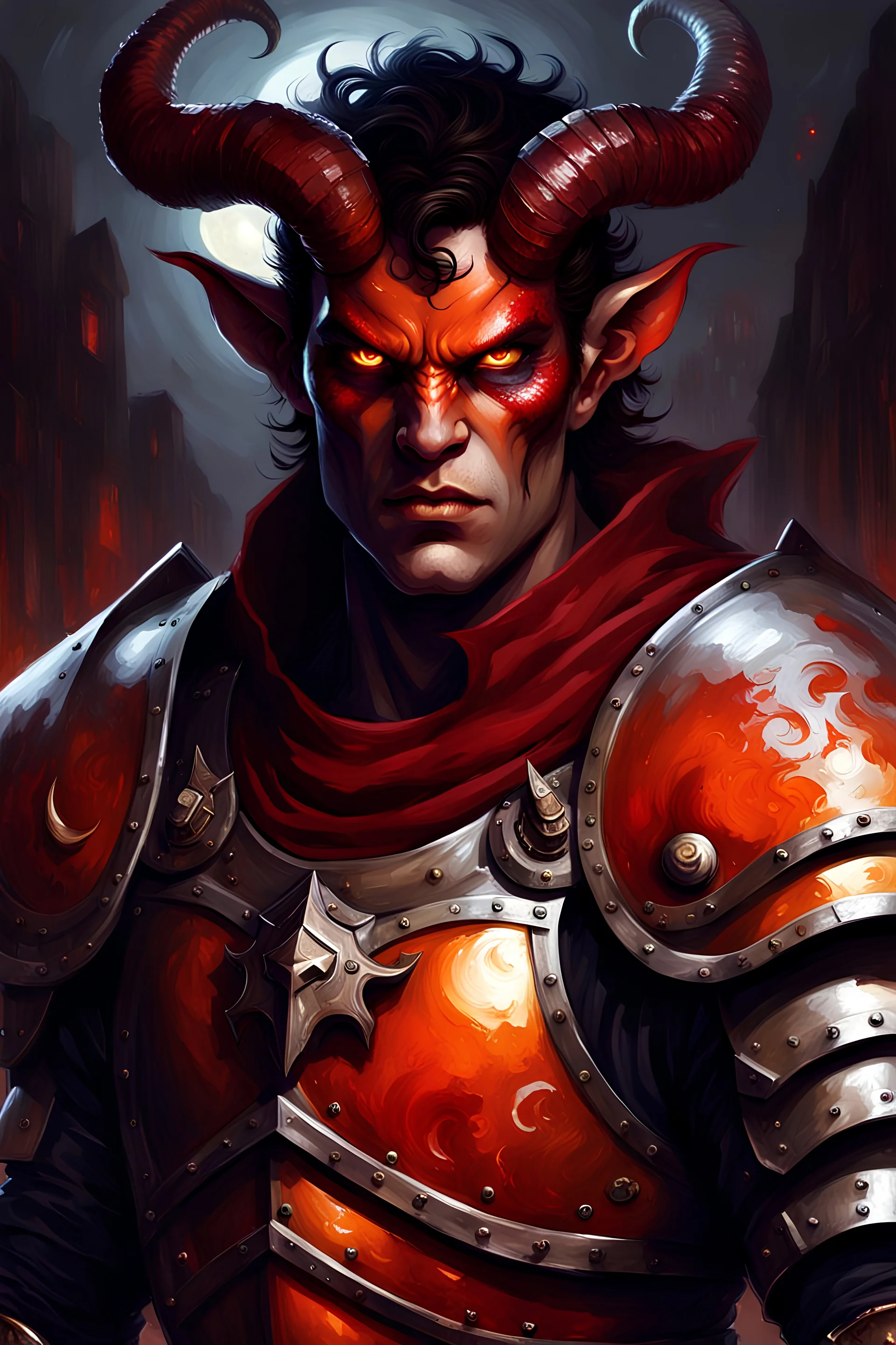 tiefling male, demonic face, mature appearance, dark hair, red eyes, small ears, dark red skin, small orangish ram horns, wearing full plate mail armor covering his body, large figure, orangish horns, looking at camera, angry look, realism, painting, night, fantasy, pathfinder style