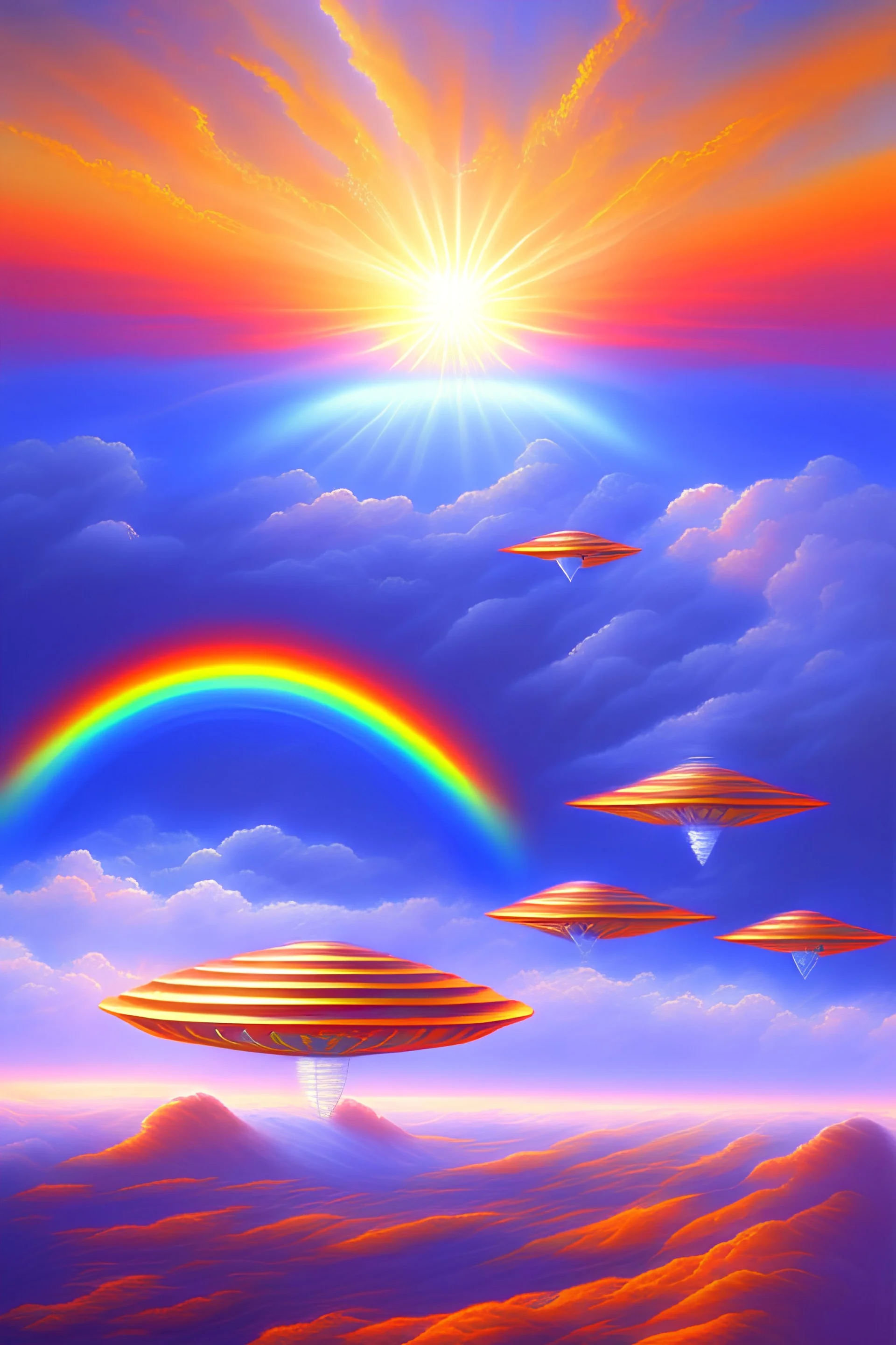 intergalactic very beautiful ufos rainbow futurist paysage