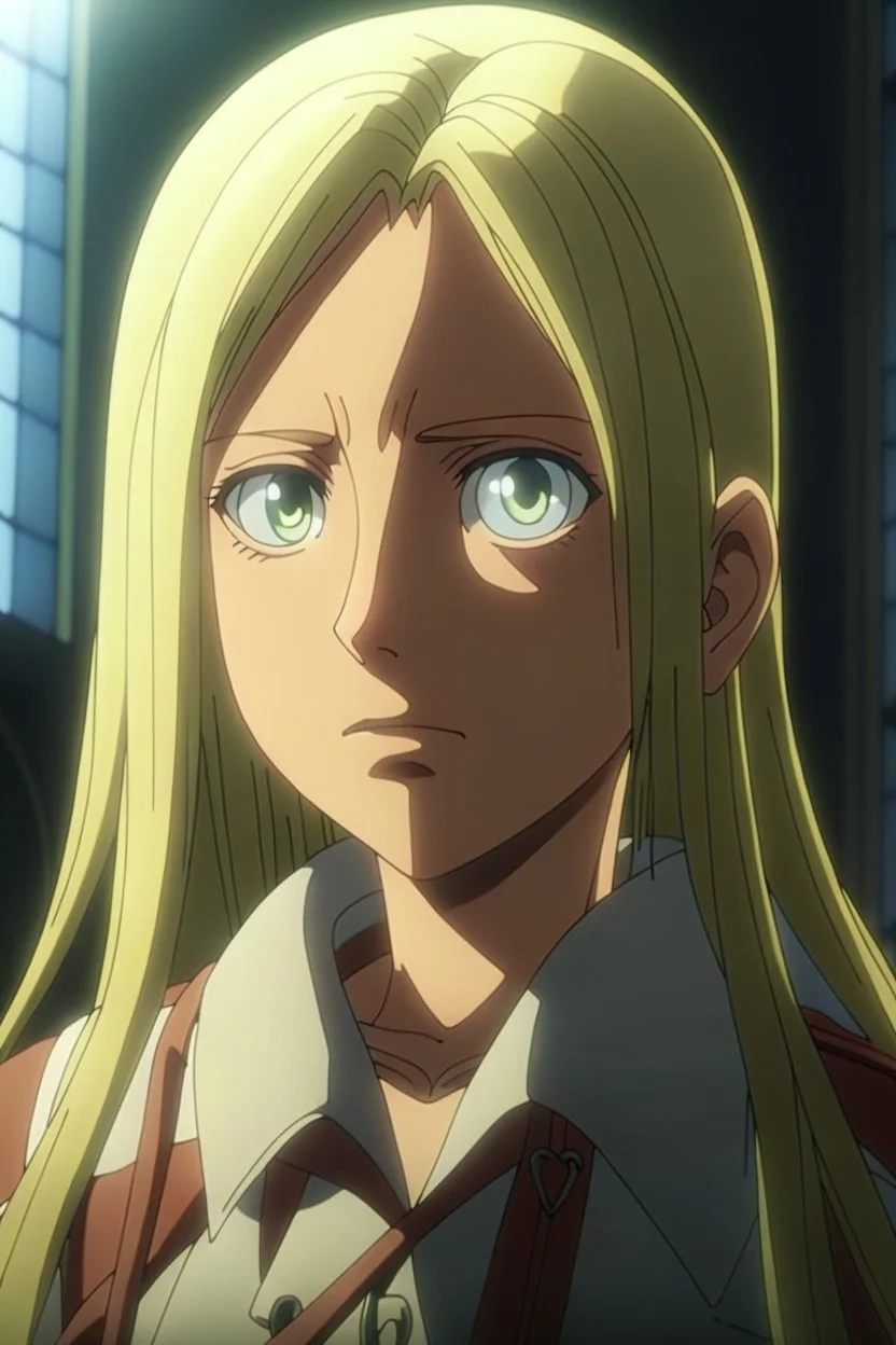 Attack on Titan screencap of a female The main character is a girl with light straight hair and different eyes Attacking
