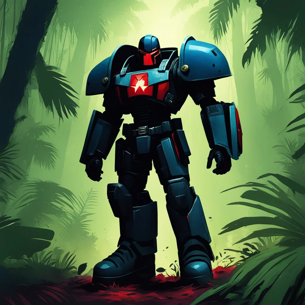 [a plane warhammer 40,000, hazbin style] judge dredd in heavy power armour, with boots in the jungle were a plane crashed