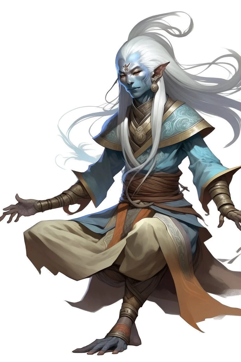 Air genasi from dnd with ashesen skin and asian flowing hair Monk attire with ash giant