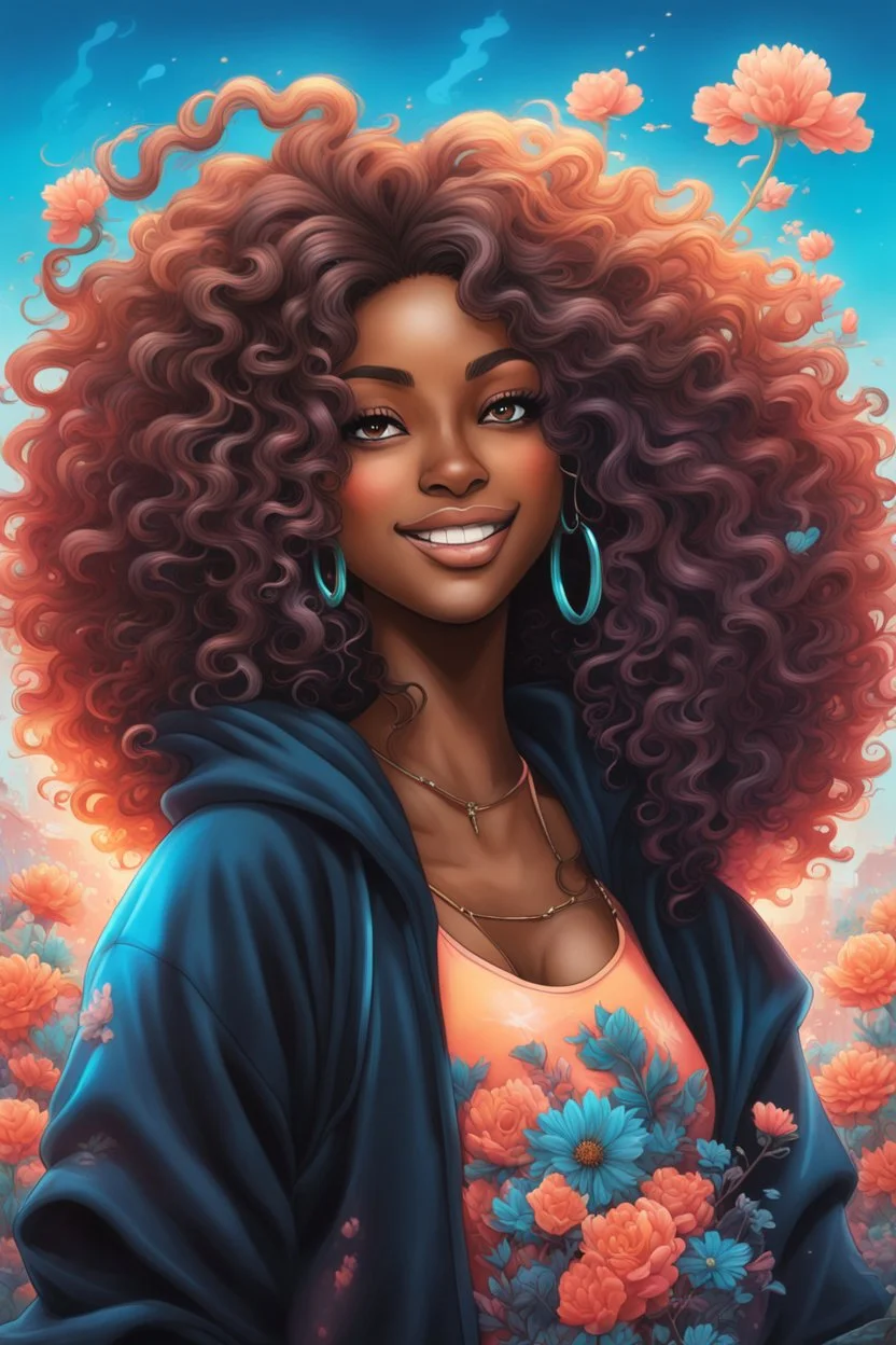 vibrant psychedelic urban culture image, airbrush, 48k, cartoon art image of a black curvy female looking to the side smiling with a large mane of curly ombre hair flowing through the wind while she has a black hoodie on, prominent makeup with hazel eyes, highly detailed hair, background peach and light blue flowers surrounding her, dystopian