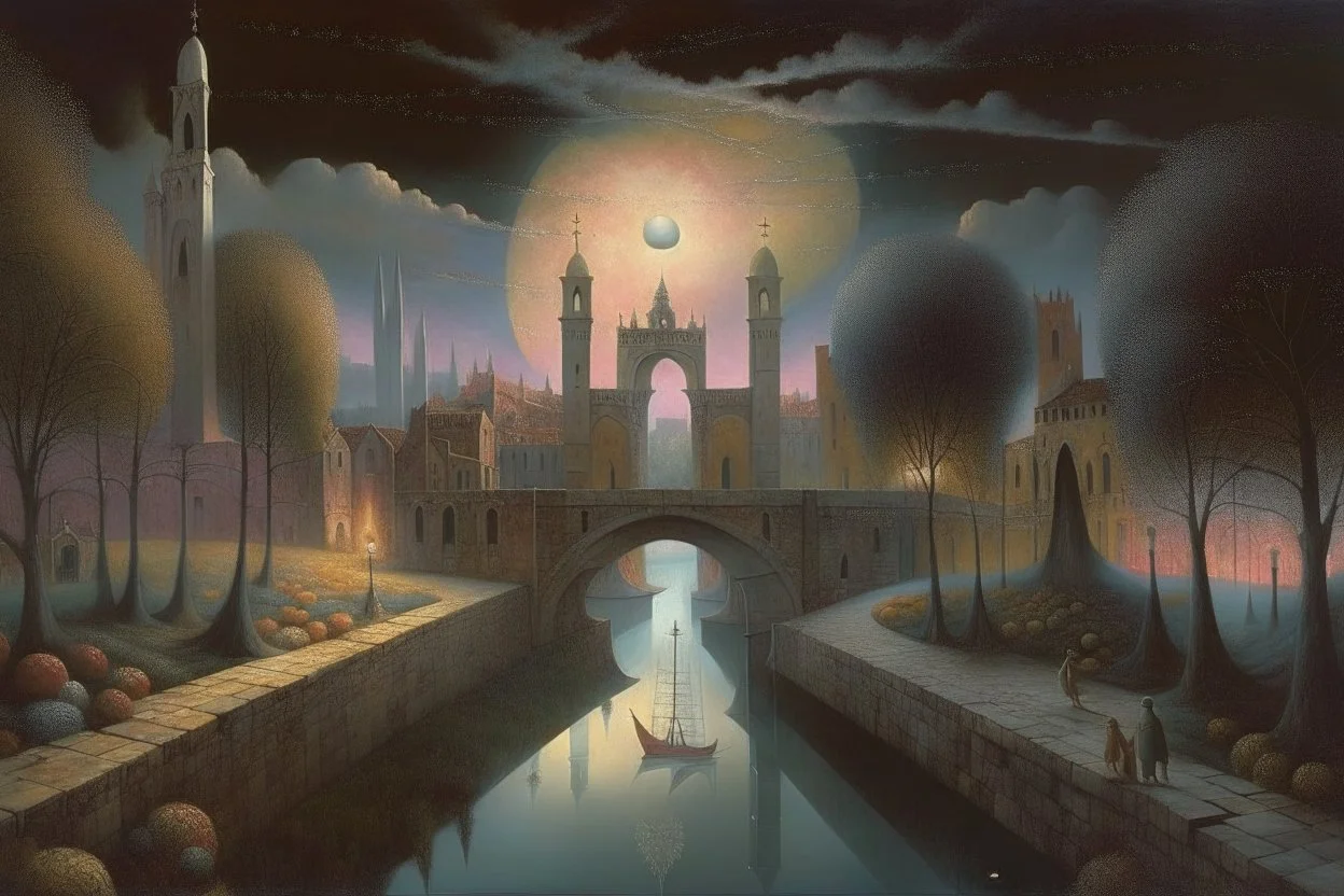 a surreal noctilucent city with arches, domes and rivers by artist "Leonora Carrington",by artist "Agostino Arrivabene",by artist David Inshaw"