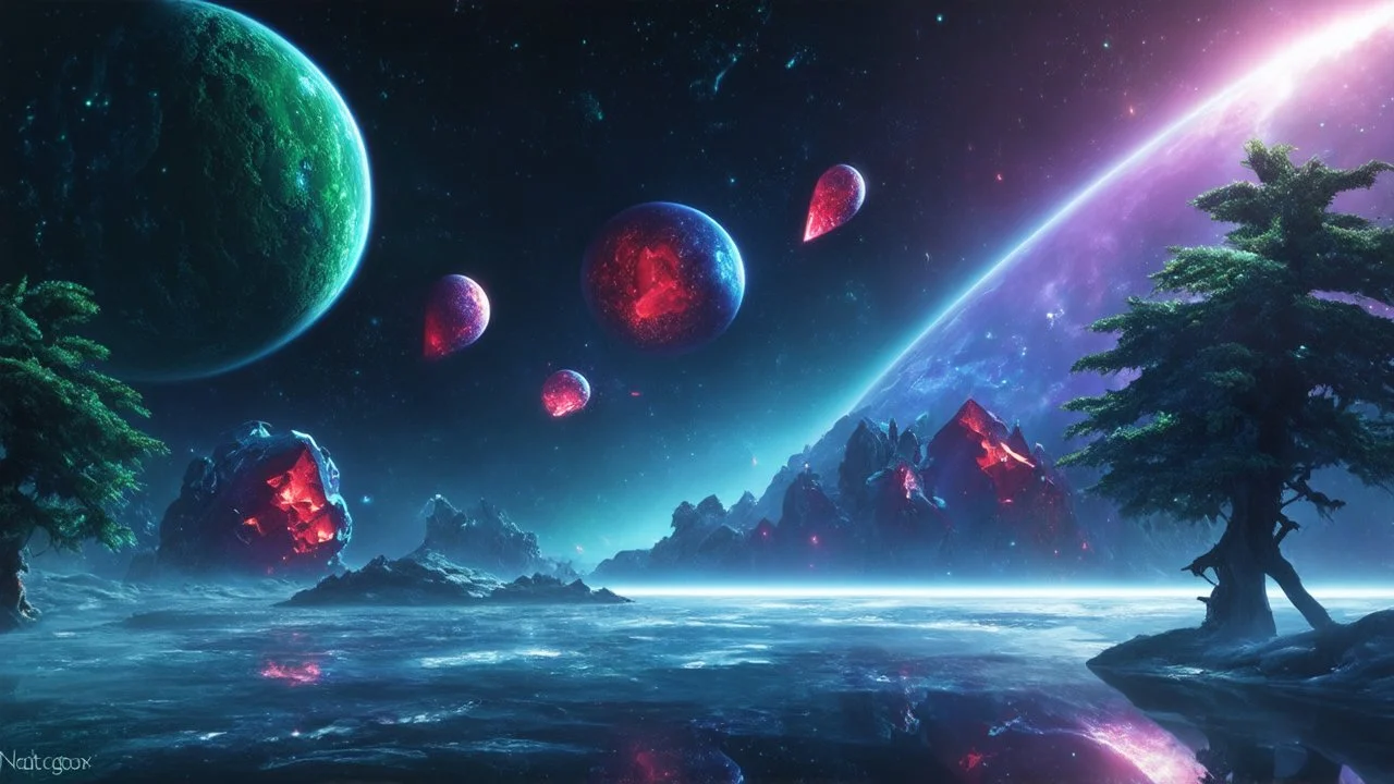 matrix, god creation, few planets on the back ground. small and large deposit of red, blue, and green crystals of tiberium on the right side, seven space trees on the left side of the angel from the other dimensions.