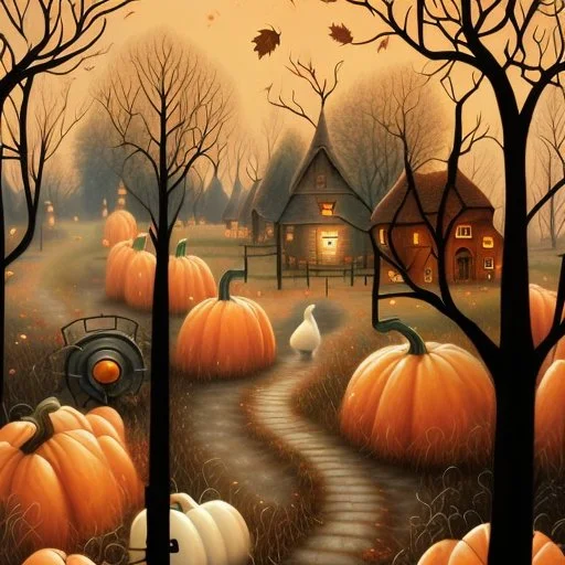 Painting of a path through a pumpkin patch, swan country, whimsical art, late autumn, village in the woods, Jane Newland, whimsical fantasy landscape art, spooky autumn colors, in autumn, by Janet Archer, by Sheila McLean, very coherent works Stylish Art, by Elaine Hamilton, Landscape Works, by Jane Kelly, Amazing Art, by Tom Scott RSA