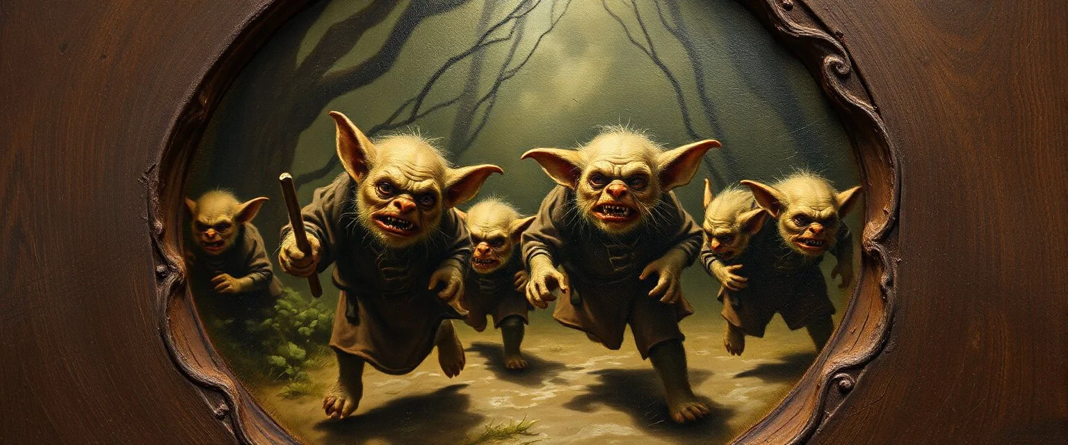 pin hole cam, master oil painting by Rembrandt,When somebody listens to everything you say but still is an asshole Du har sendt testicle goblins. hodenkobolds on the run