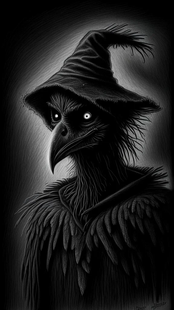 pencil drawing of a scare crow. Spooky, scary, halloween, realistic, black paper