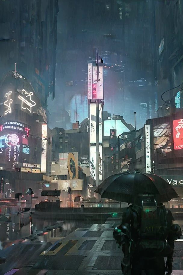 Cyberpunk district with giant foggy skyscarpers, cars, FoV: 100, HD, Unreal Engine 4, heavy rain, rainy streets reflection, neon signs, low contrast, grainy, less color, titanfall,