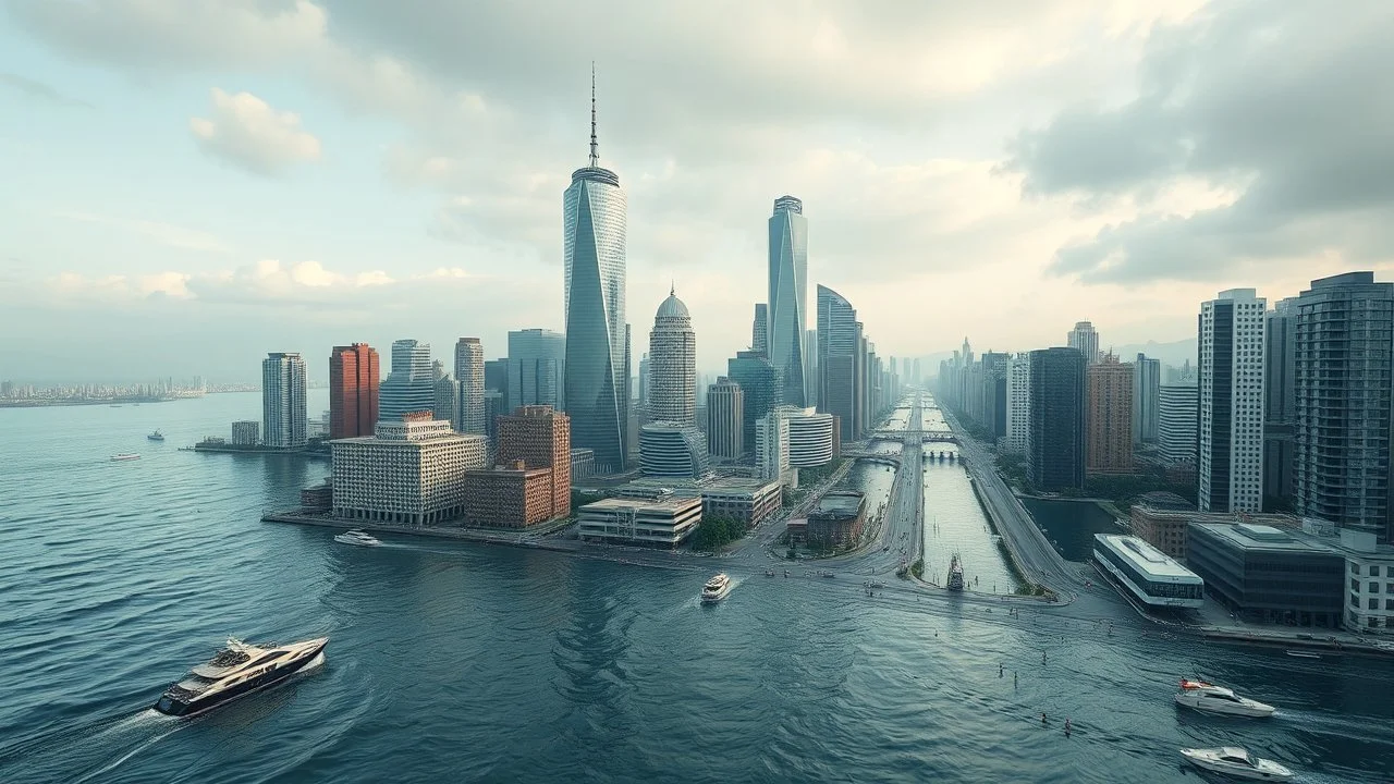 Climate emergency. A modern city partially submerged under rising sea levels. Skyscrapers emerge from the water, while streets and lower buildings are completely flooded. Boats navigate roads where cars once drove, and people wade through deep water. Beautiful award-winning photograph, inspiring, rule of thirds, balanced delightful composition, perfect lighting, superb detail, 16k render