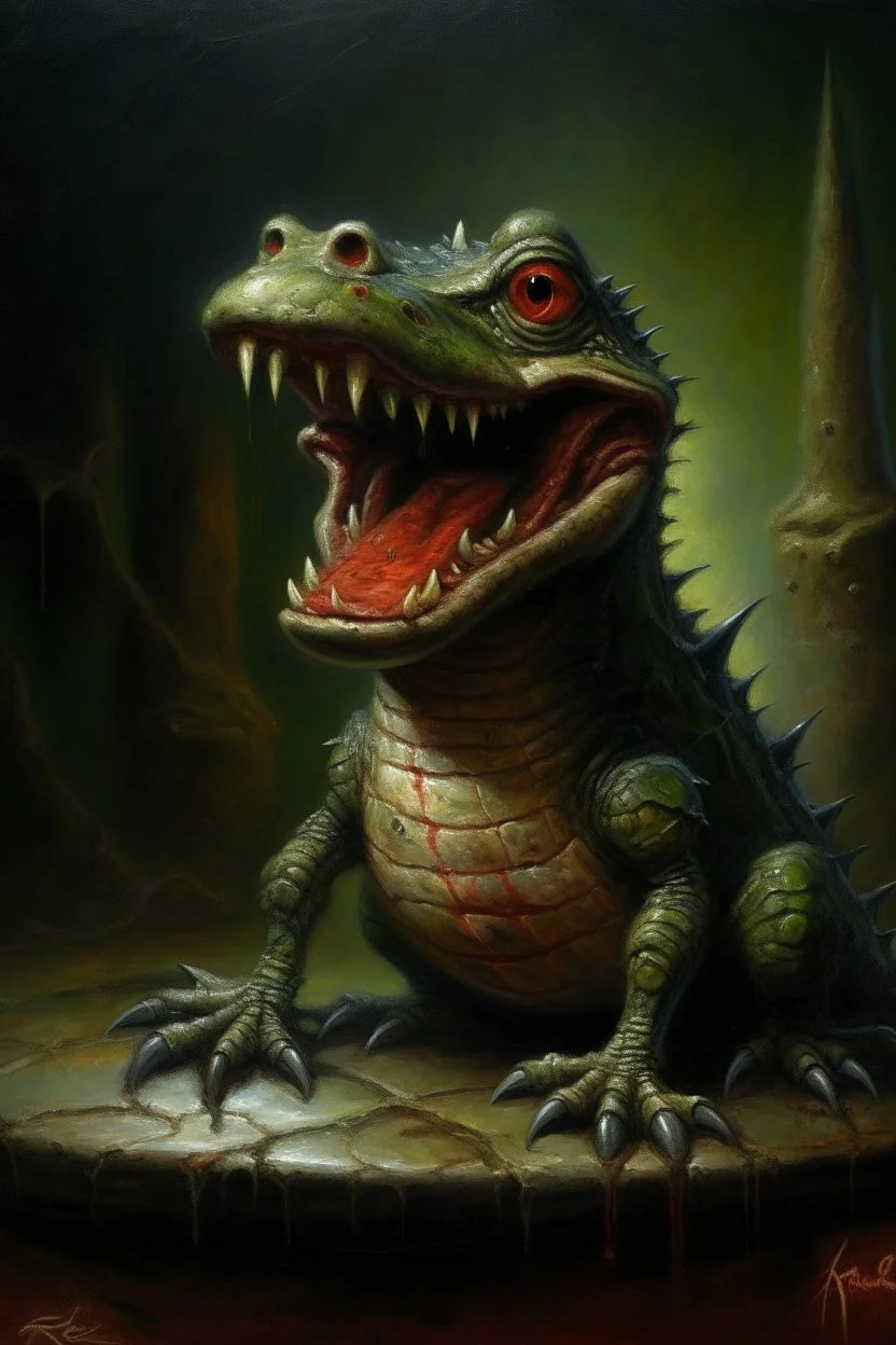 crocodile rocket, slightly demonic alien gremlin rat in it, prize winning oil painting