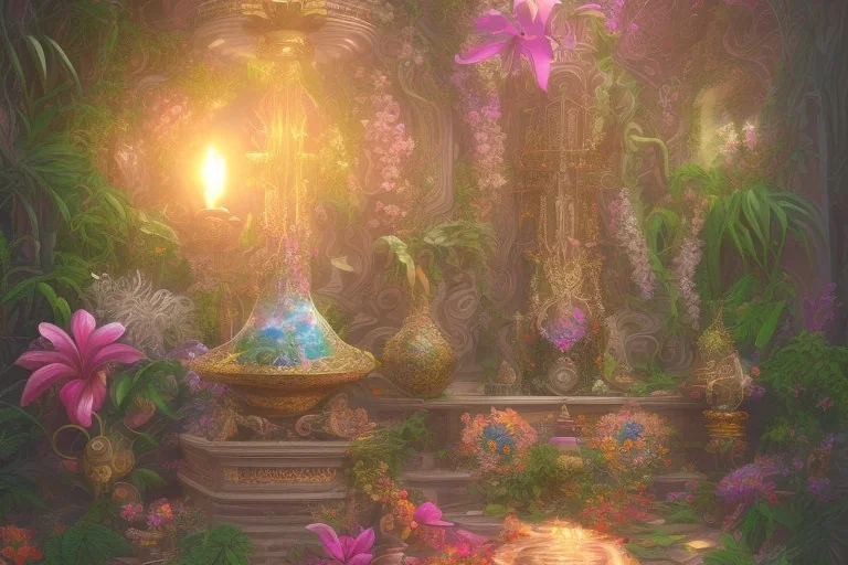 Beauty, Tropical flowers,heart drawing, crystals, tropical leaves, sacred altar, Fantasy temple