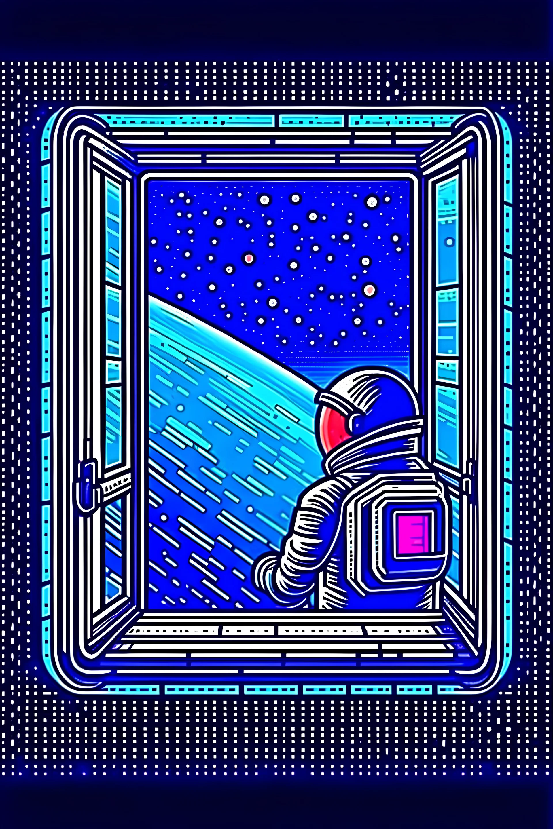 An astronaut in their spaceship looking at a planet through the window. Pixel art