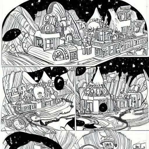 Village in the cosmos in Winsor McCay style and dr seuss style