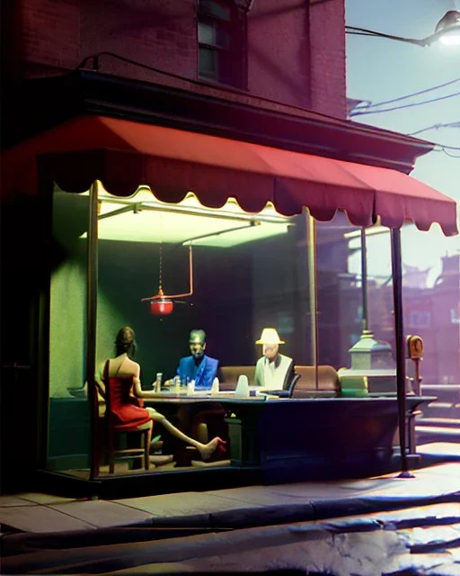 Scene, realistic photo, Edward Hopper style, retro futuristic, concept art, smooth, unreal engine 5, god lights, ray tracing, RTX, lumen lighting, ultra detail, volumetric lighting, 3d.