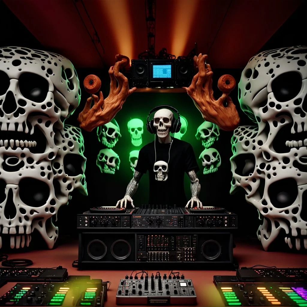 DJ of the damnded, insanely detailed DJ booth in hell, MID set, speakers and equipment made of bone, anatomically correct, add more skulls in th audience, photorealism, vray, 8k 3d