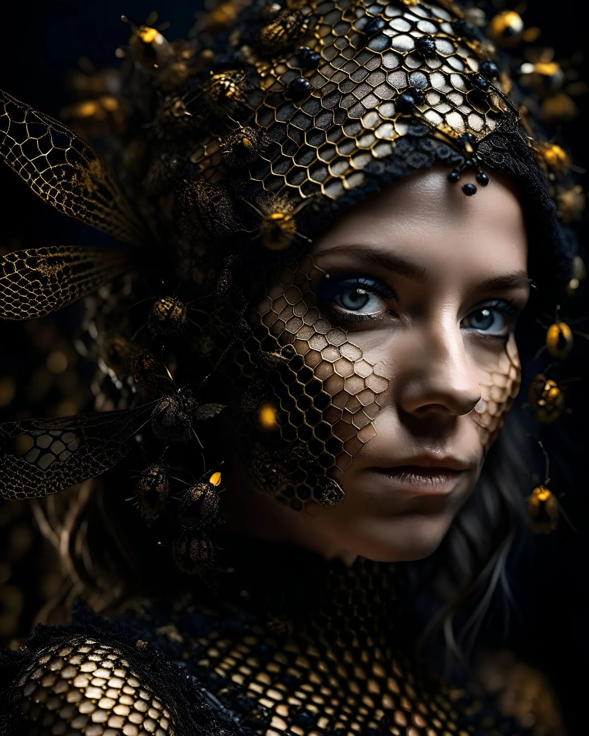 Beautiful young woman portrait aorned with voidcore shamanism metallic filigree honeycomb and metallic bees around headdress wearing half face masque metallic decadent gothica honeycomb lace effect black vantablack floral costume and headdress organic bio spinal ribbed detail. Of gothica decadent bokeh bees and honeycomb patterned costume extremely detailed hyperrealistic maximálist portrait art
