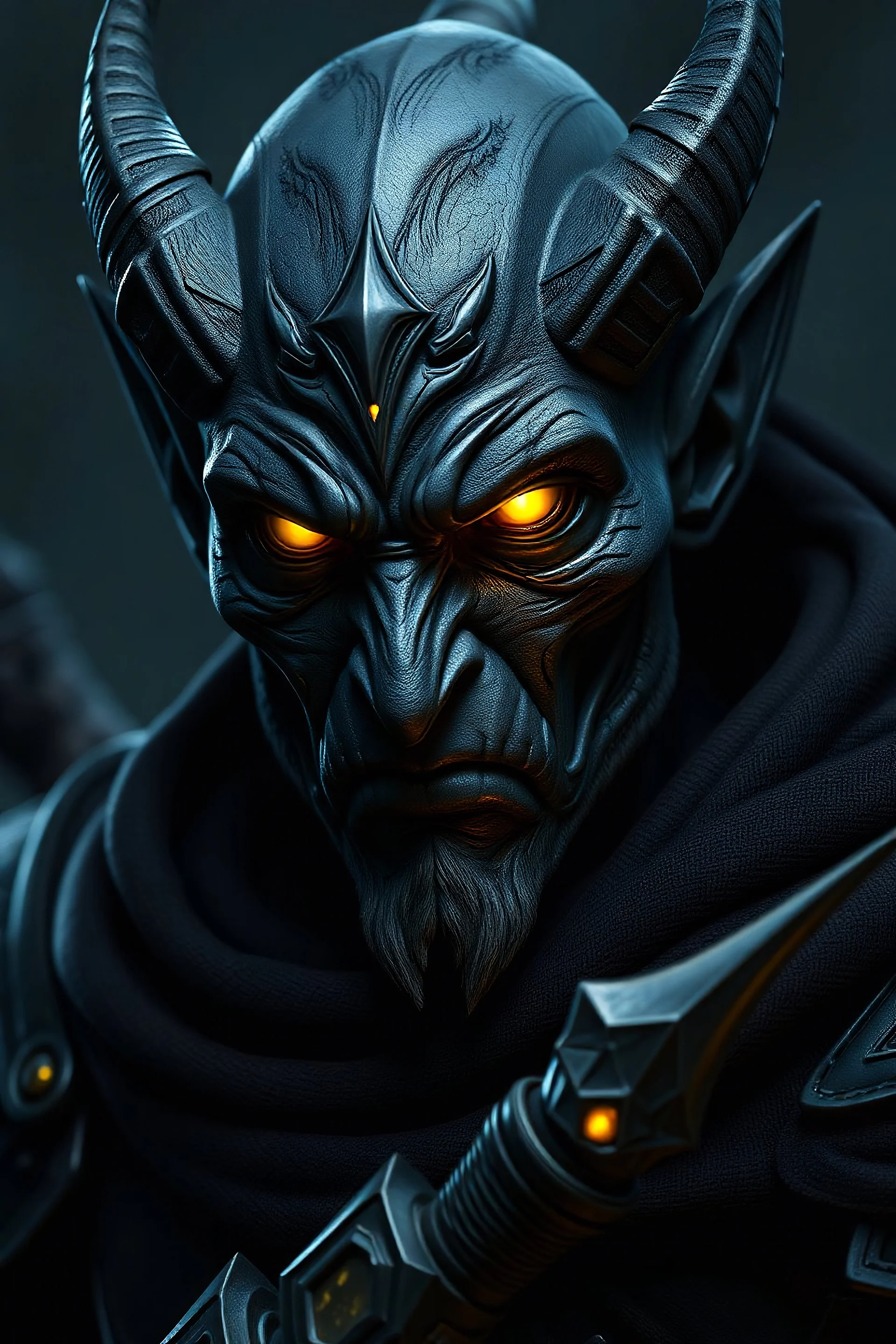 dnd character art of a male drow warrior with bright glowing yellow eyes. high resolution cgi, 4k, ears, dark-charcoal-gray skin, unreal engine 6, high detail, cinematic.