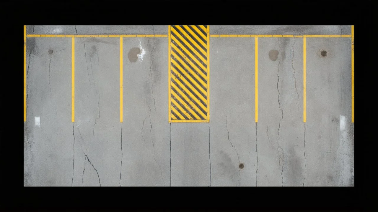 Ground layout for a parking lot. Add skid-marks, add many oil ground stains, fine cracks and weathering, wet spaces, potholes. burnt, and make a little darker