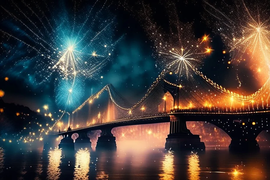 Chain Bridge Budapest, Danube, fireworks in the sky, smoke, dust, reflection at night in starshine