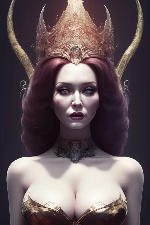 Christina Hendricks as evil queen in black leather, cleavage, angry, stern look. character design by cory loftis, fenghua zhong, ryohei hase, ismail inceoglu and ruan jia. unreal engine 5, artistic lighting, highly detailed, photorealistic, fantasy