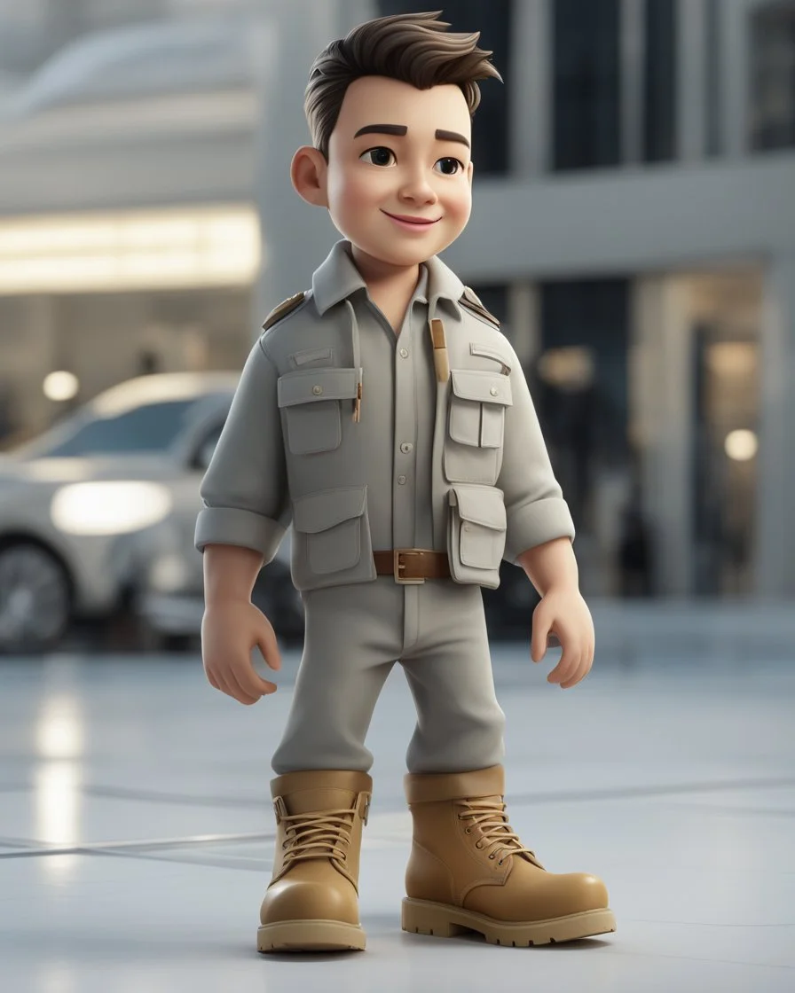 4D cartoon with big head, ultra-realistic details of Patin dressed in a plain gray long-sleeved shirt, cargo pants, cream-colored boots, hands in pockets, white background