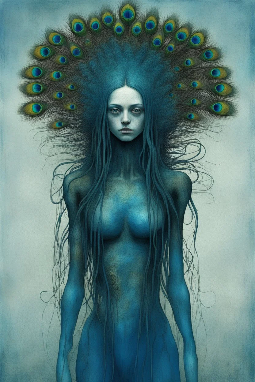 A beautiful girl with a colorful peacock long hair , full body, front view . decayed and rotting with grotesque proportions and imagery. grotesqueries, detailed texture, surreal horror, biomechanical design, by hr giger and beksinski , on blue color
