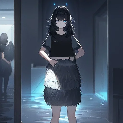 Clear focus,High resolution, black short fluffy hair, long fluffy bangs, and dark blue eyes, Depressed girl, wearing a black short shirt with a black sleeveless crop top, dark aura, controlling water, in a dark blank room