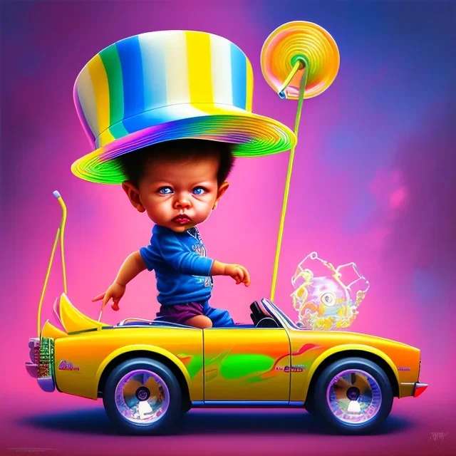 A one-year-old boy rides in the plastic funny toy-car on the middle of a busy street in new york. He has and a large-brimmed straw hat. somehow photographic bright colors and sunset, fantasy art, Anna Dittmann, digital painting, dan mumford, oil on canvas, jeff koons, akihito yoshida, wlop, kodachrome,