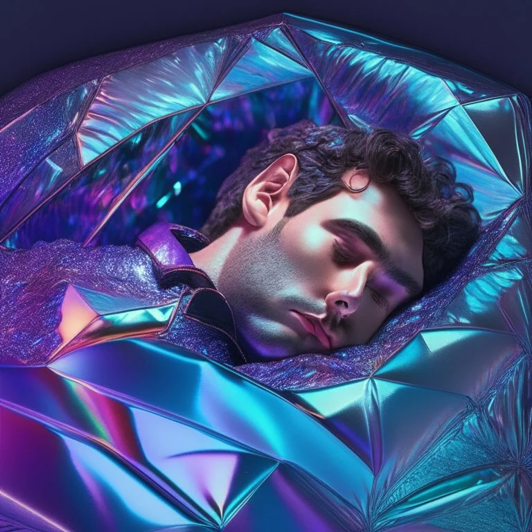 Matt Daemon sleeping in holographic foil