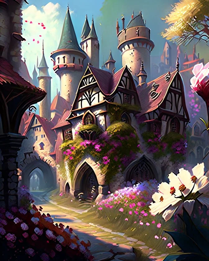 medieval fantasy castle town with flowers rpg art