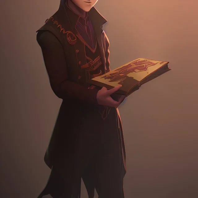 A little handsome brown haired warlock kid with his dark book of shadows by Nick Harris