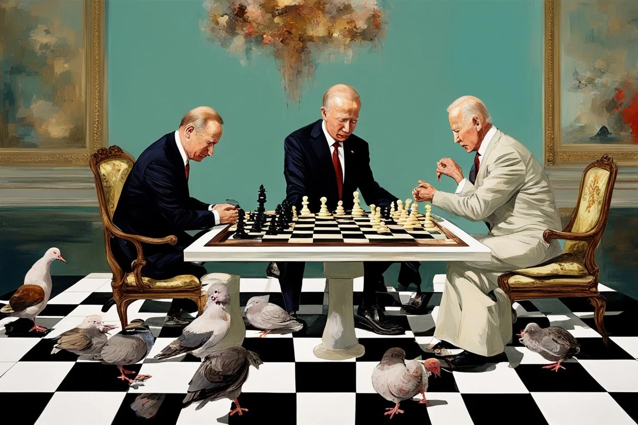 Putin, President Xi Of China And Joe Biden Play Chess With A Pigeon,Ufo And Atomic Bomb Mushroom Cloud,Complex Surgical Instruments Intermixed With A Newborn Boy,Minimalism,Painting By Adrian Ghenie,Rene Magritte,Pablo Picasso,Michelangelo,Salvador Dali,Lucian Freud