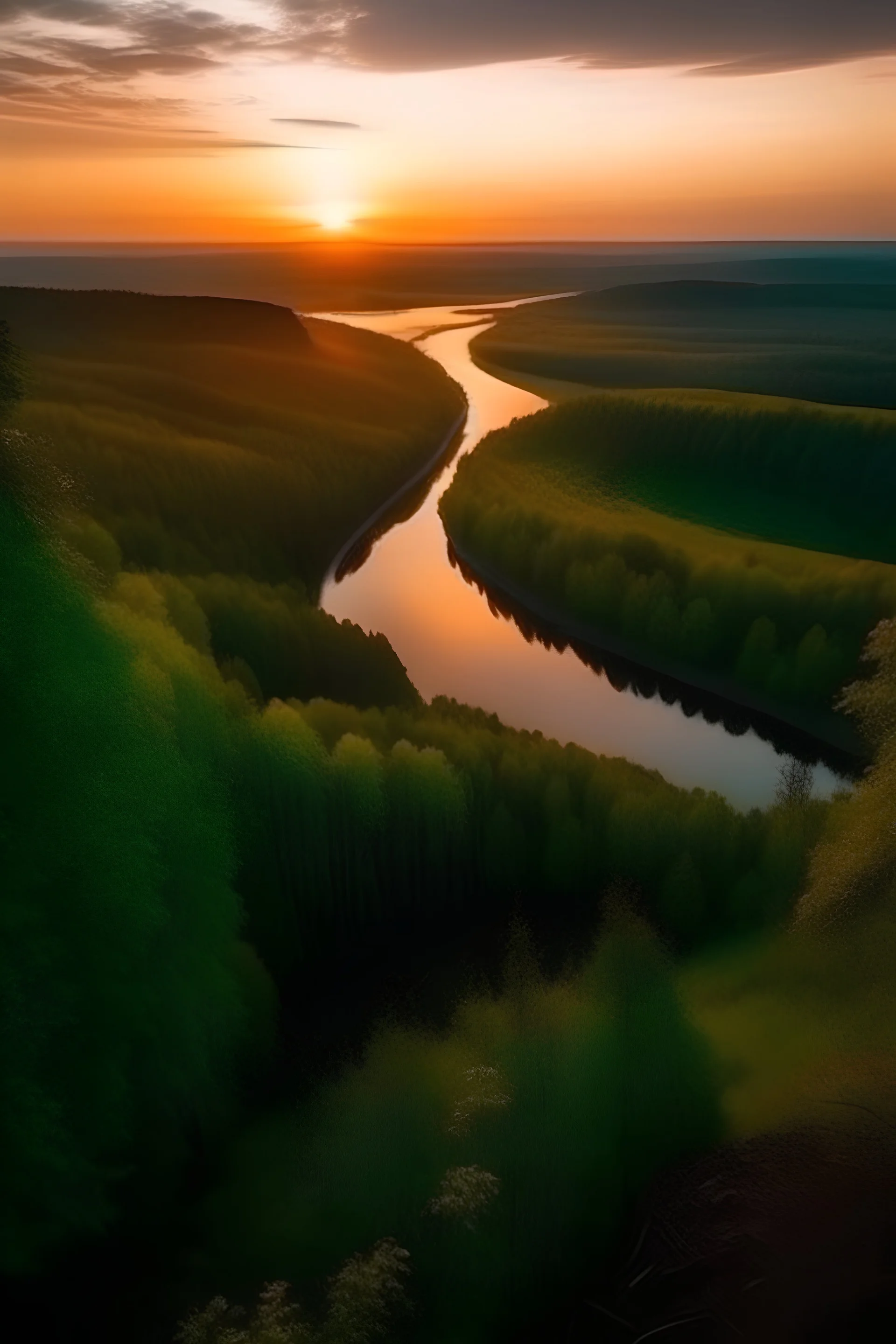 view from the mountain to the forest and the river under the sunset, which looks lonely