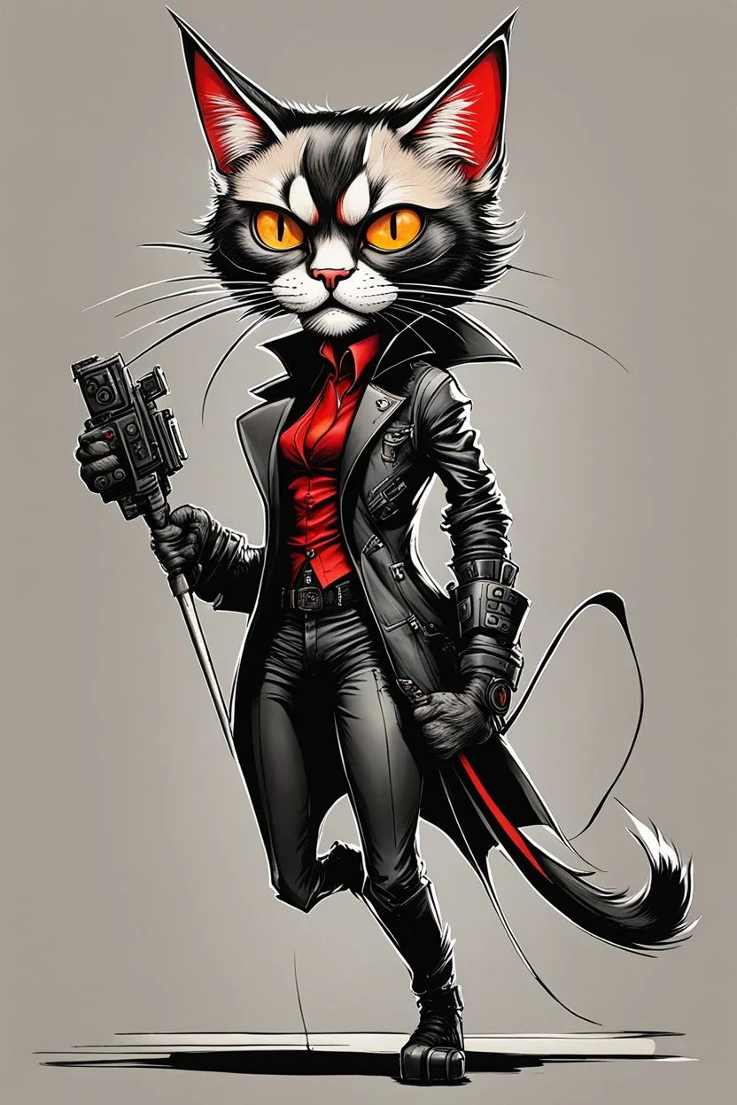 create a wild full body caricature of a cyberpunk female vampire mercenary cat highly detailed with refined feline features in the caricature style of Gerald Scarfe and Ralph Steadman, precisely drawn, boldly inked, vividly colored, 4k