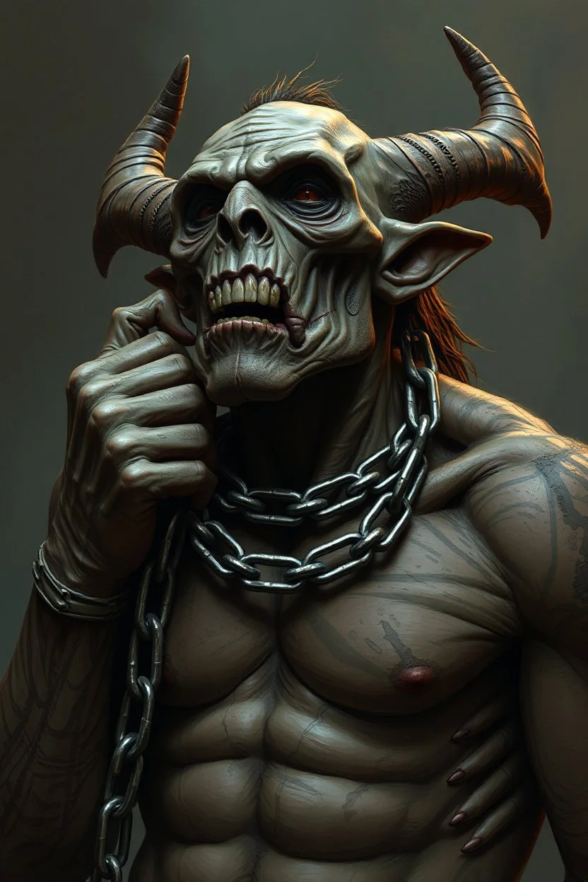 Orc holding a chain attached to the neck of a human captive