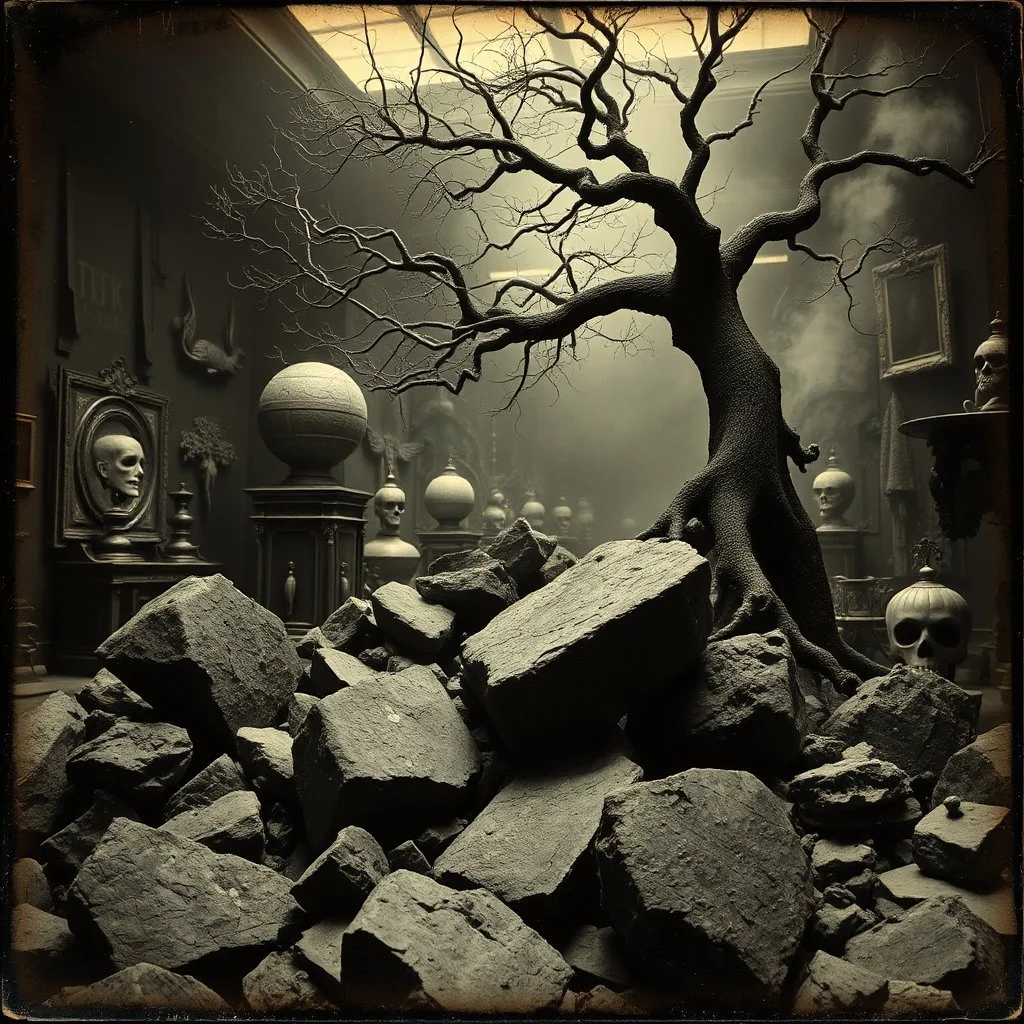 photo, 1920 horror movieshot, rocks, very odd objects in background, Ades, Charon, tenebroso, macabro, marcio, interno museo, hypermaximalist, odd, intricate, Lawrence Alma-Tadema style, albero, hypnotic, eerily mysterious, artistic photo, shot on, follia, smoke, daguerrotype